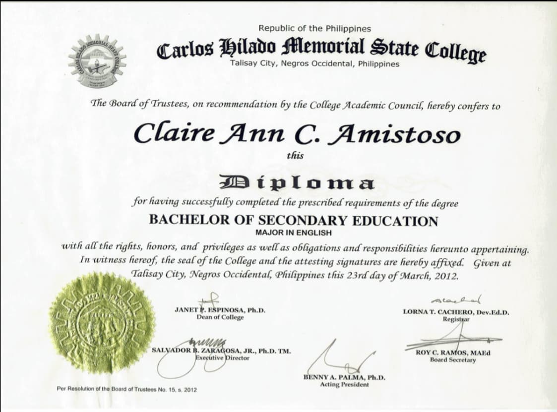 Claire graduated from Carlos Hilado Memorial State University