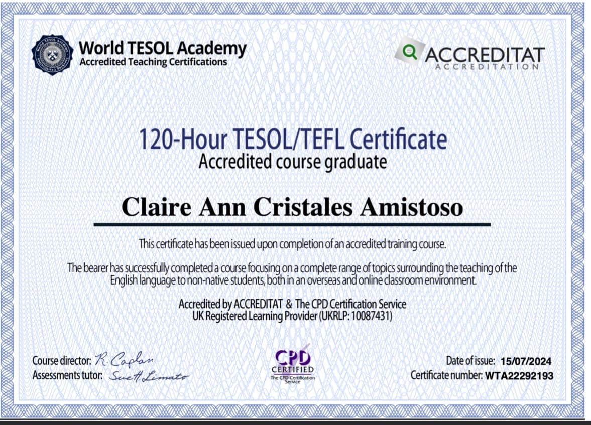 Claire graduated from Carlos Hilado Memorial State University