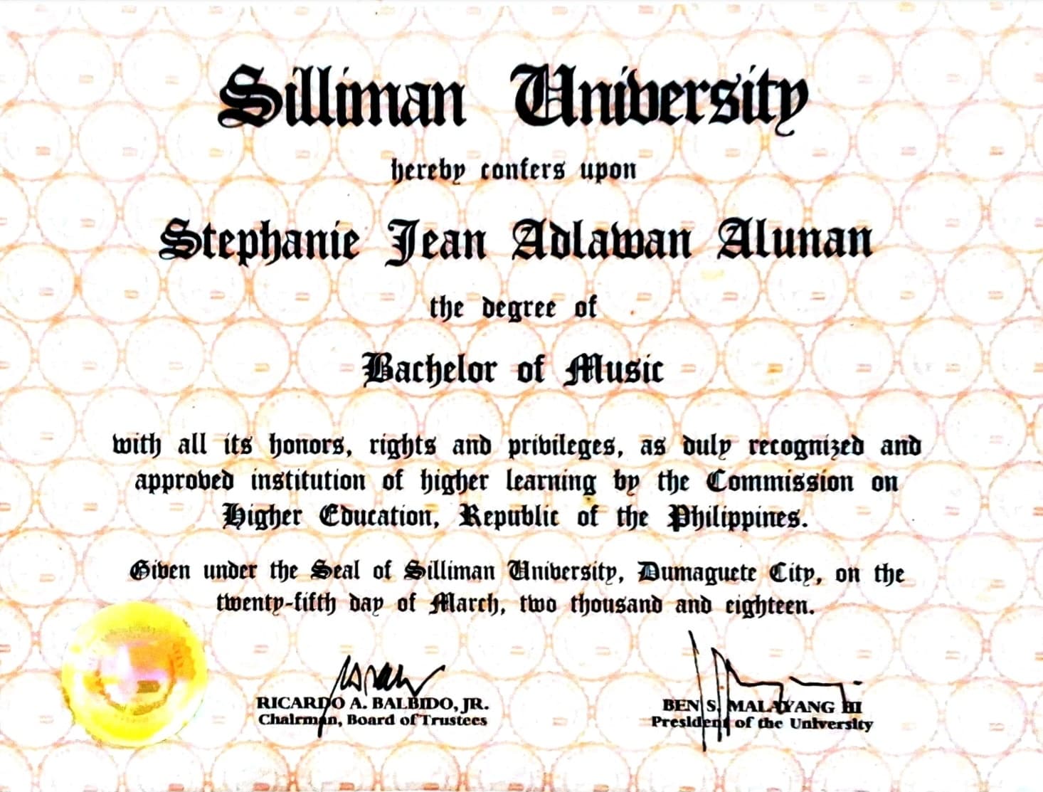 Stephanie Jean graduated from Silliman University