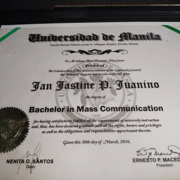 Jan graduated from Universidad de Manila