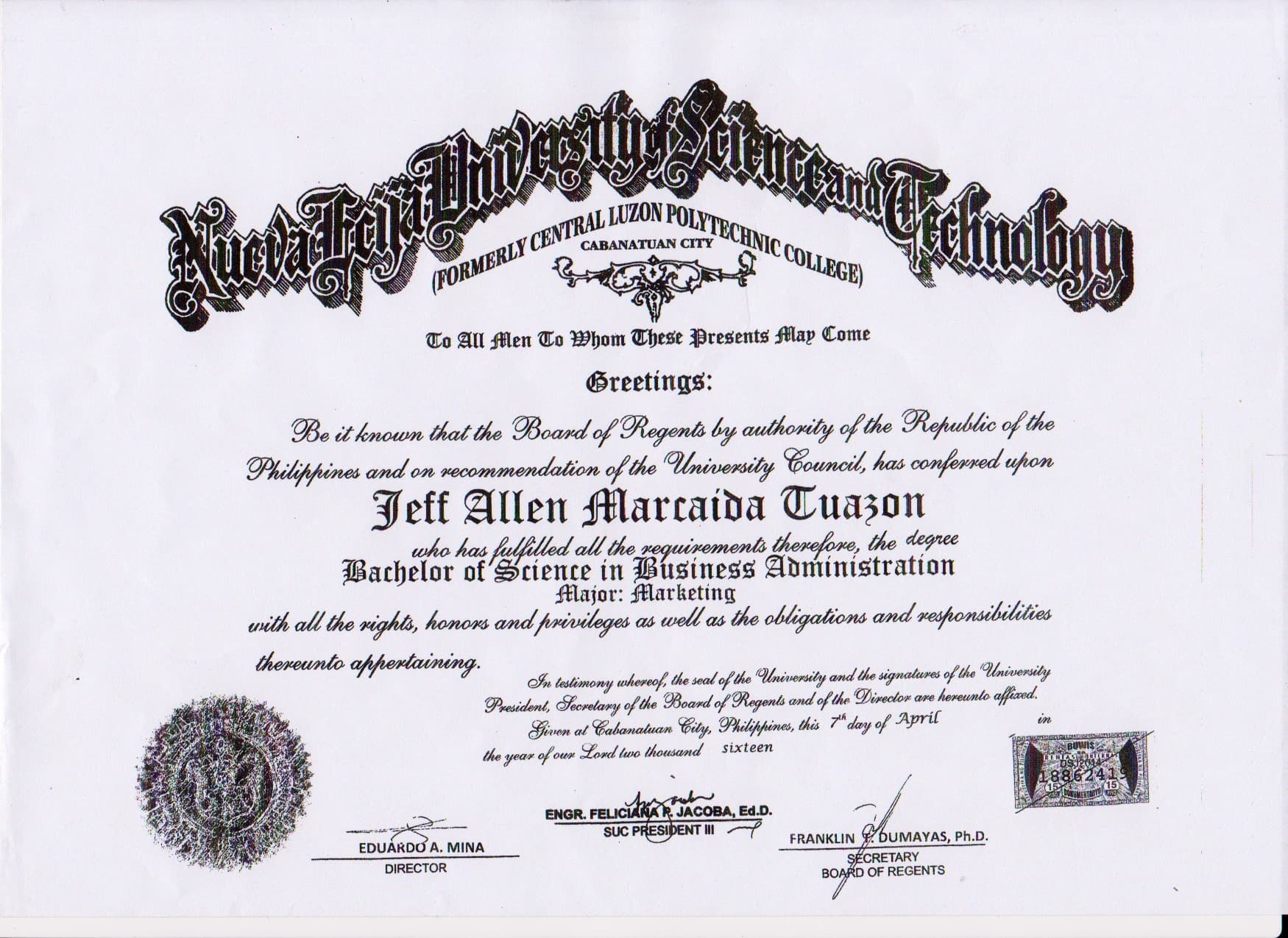 Jeff Allen graduated from Nueva Ecija University of Science and Technology