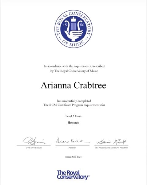 Arianna graduated from Royal Conservatory of Music