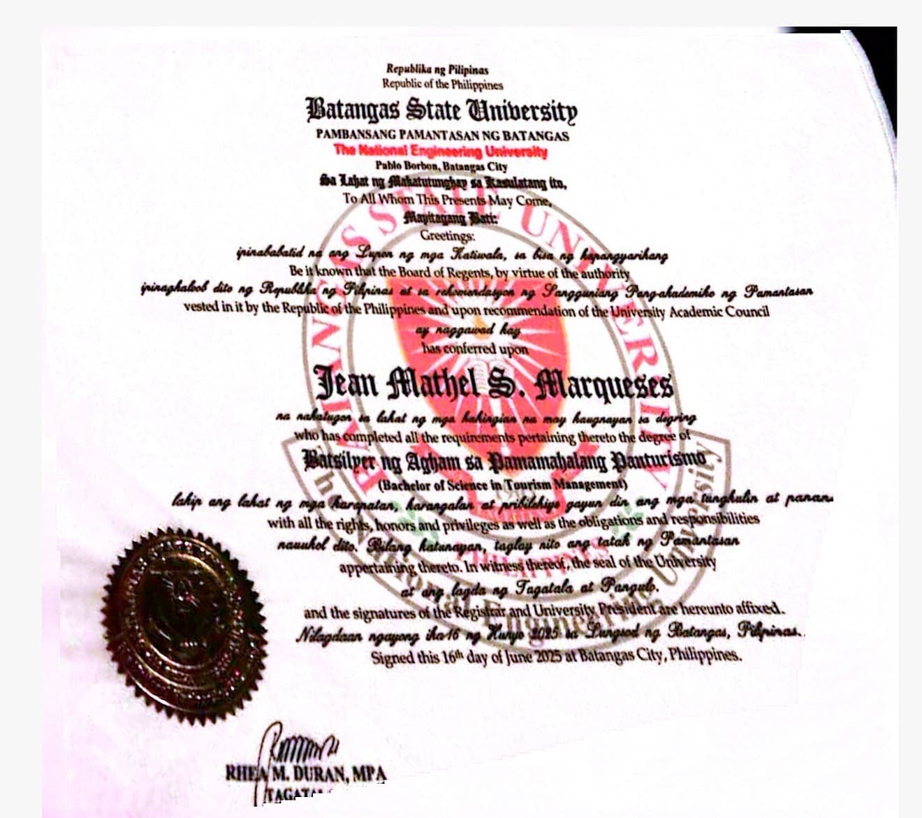 Jean graduated from Batangas State University, The National Engineering University - Pablo Borbon Campus