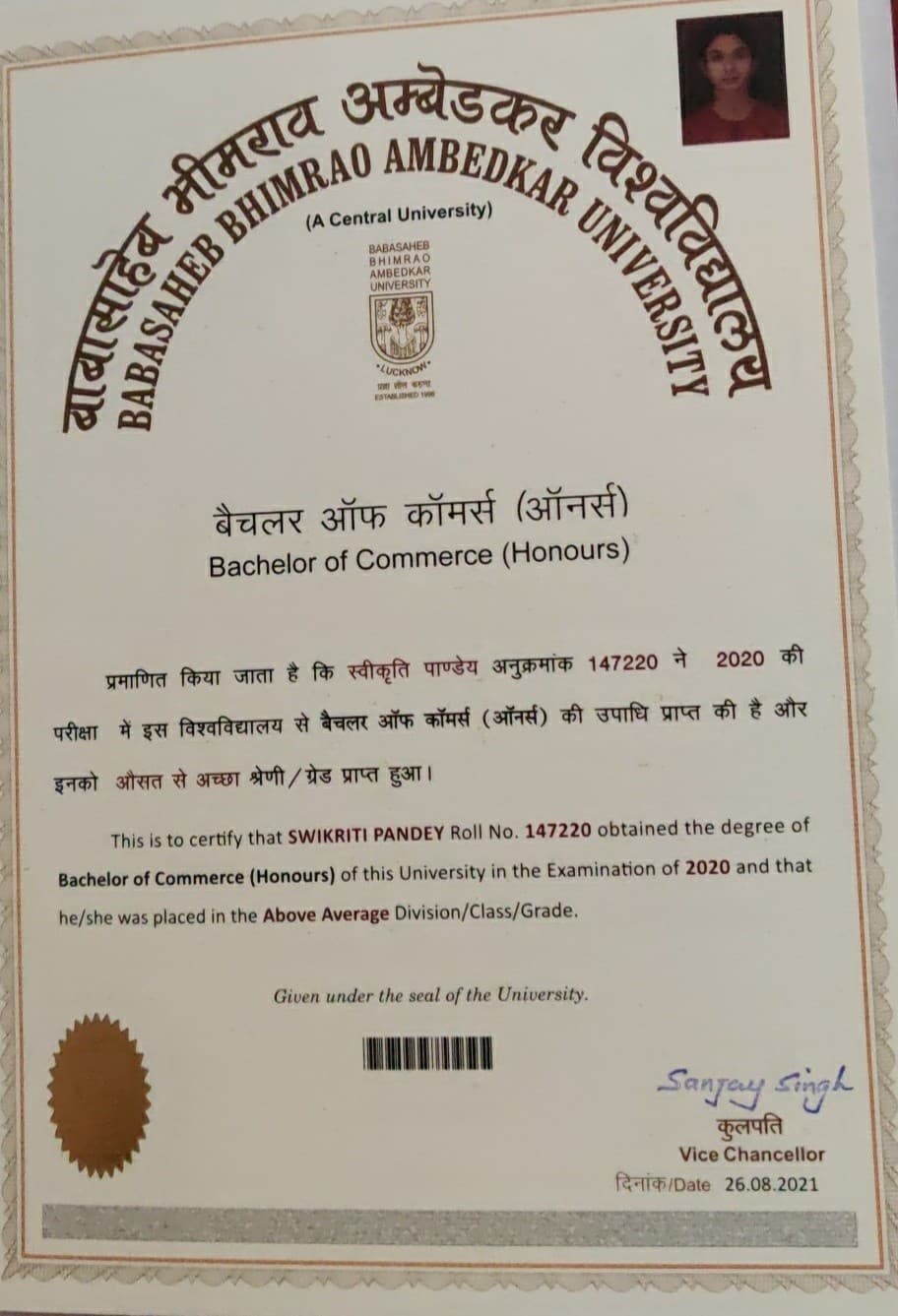 Swikriti graduated from university of Lucknow