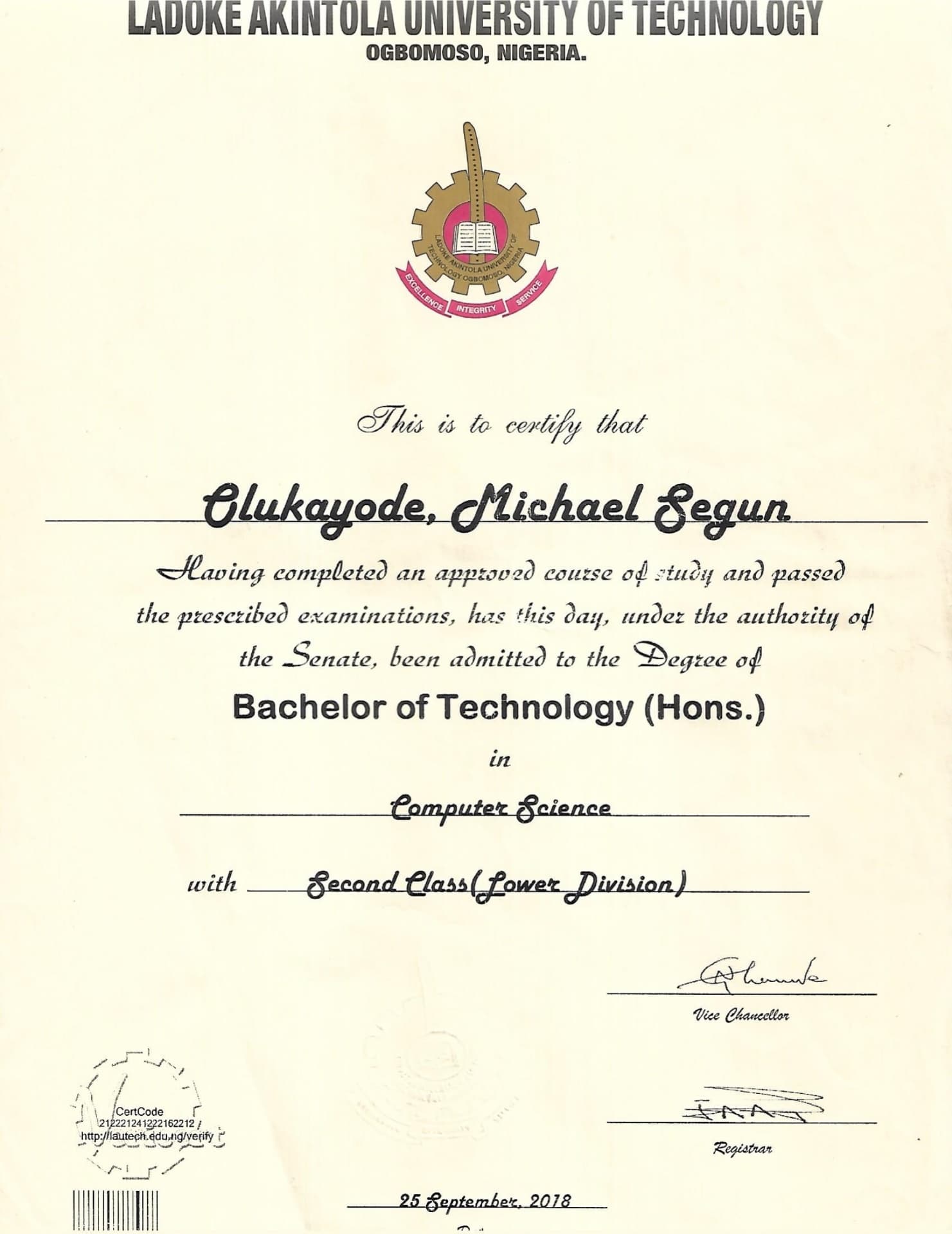 Michael graduated from Ladoke Akintola Univeristy of Technology, Ogbomoso
