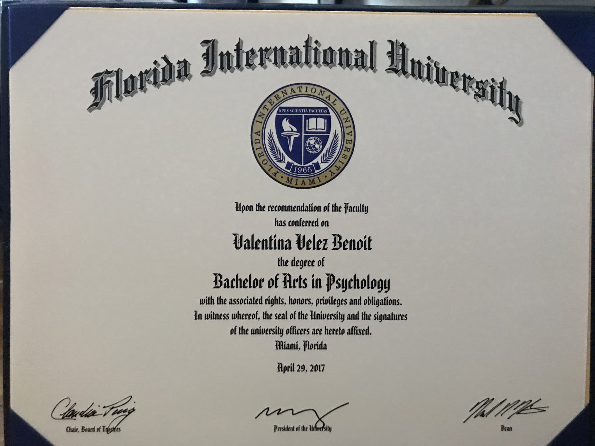 Valentina graduated from Florida International University