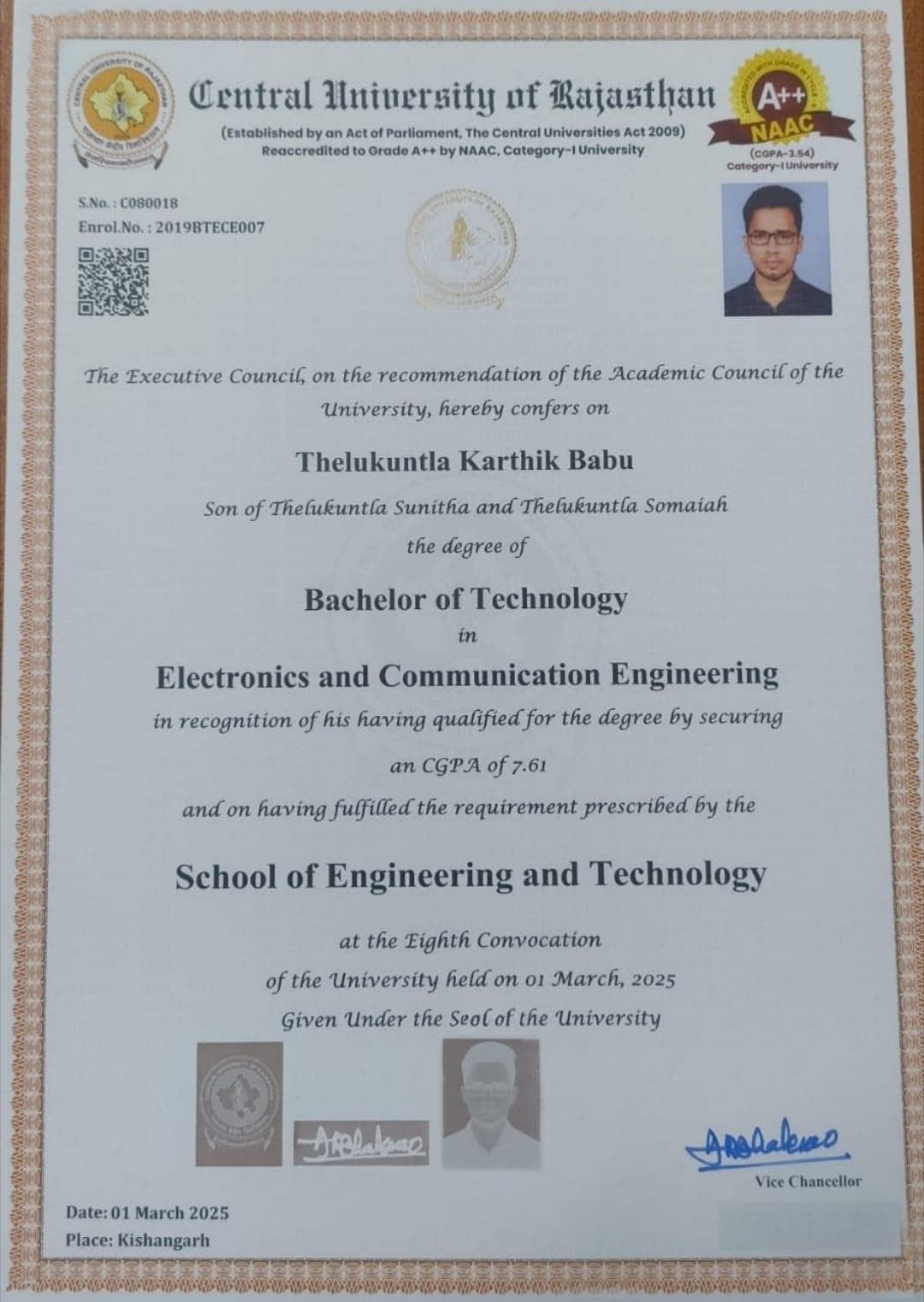 Karthik Babu graduated from Central University of Rajasthan