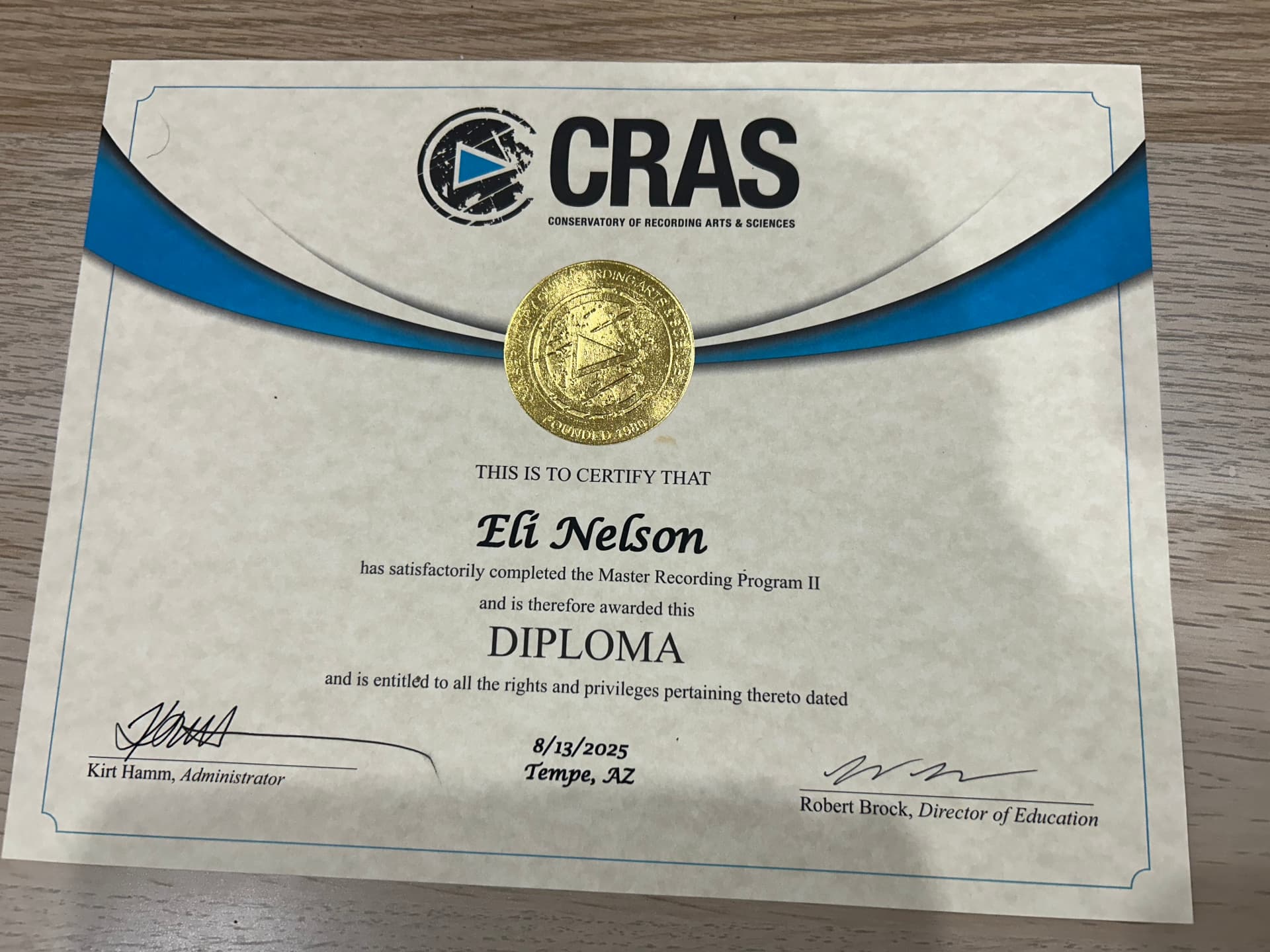 Eli graduated from Conservatory of Recording Arts and Sciences