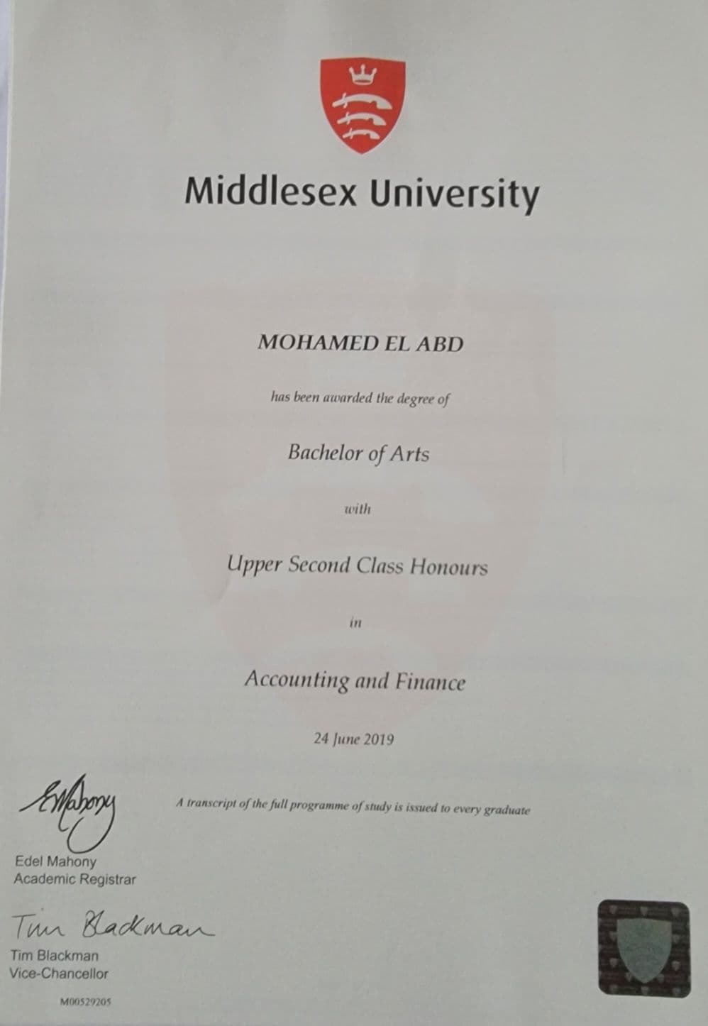 Mohamed graduated from Middlesex University