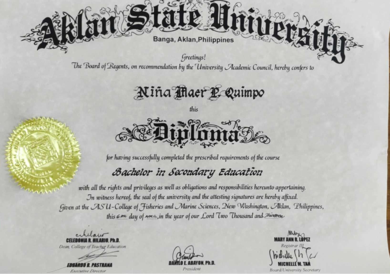 Nina Maer graduated from Aklan State University
