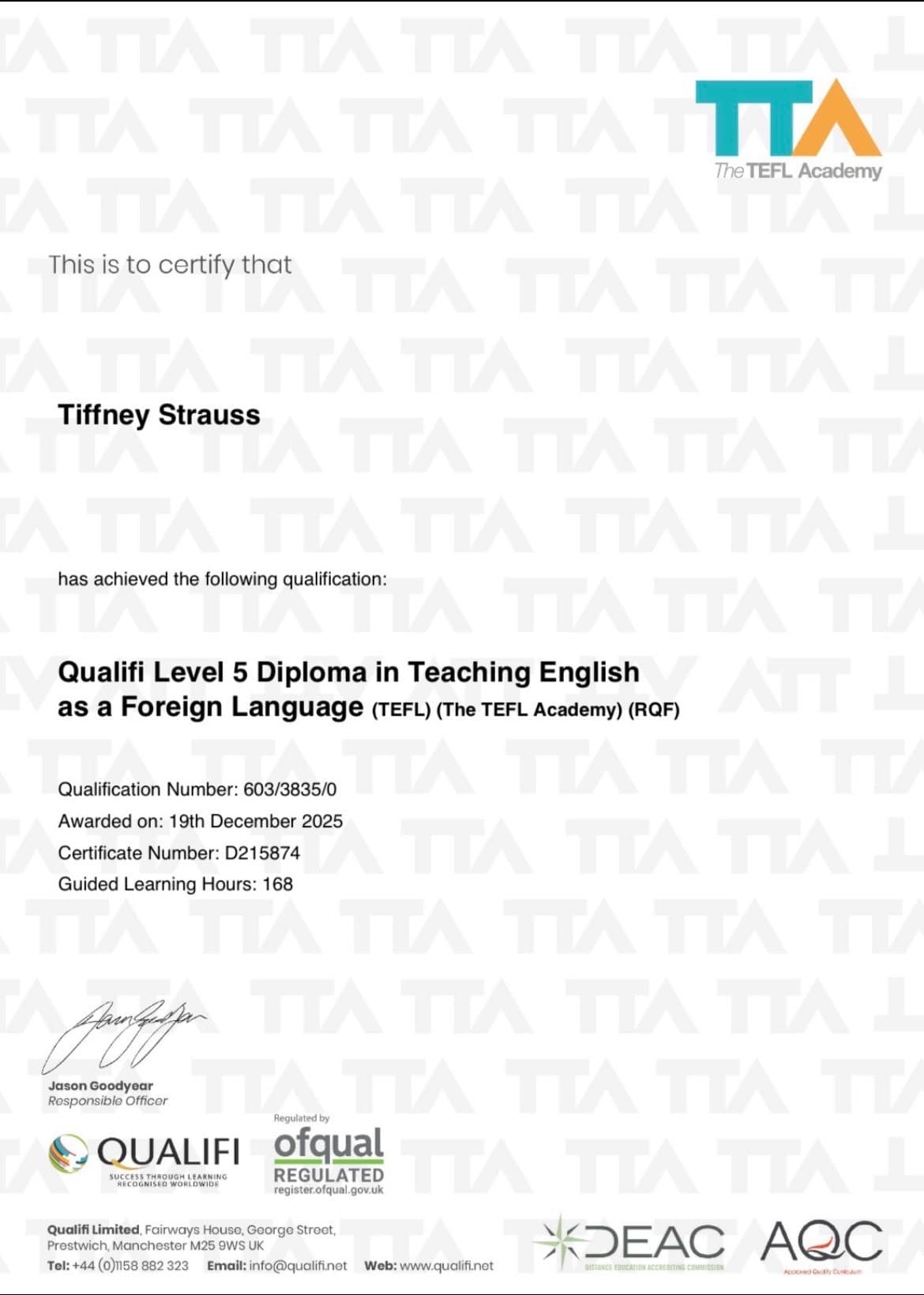 Tiffney graduated from The TEFL Academy