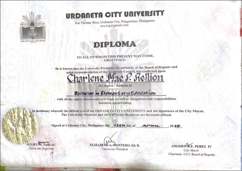 Charlene Mae graduated from Urdaneta City University