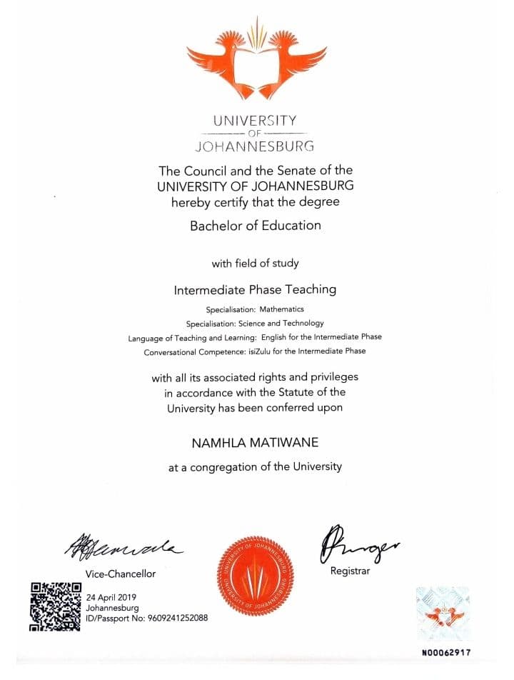 Namhla graduated from University of Johannesburg