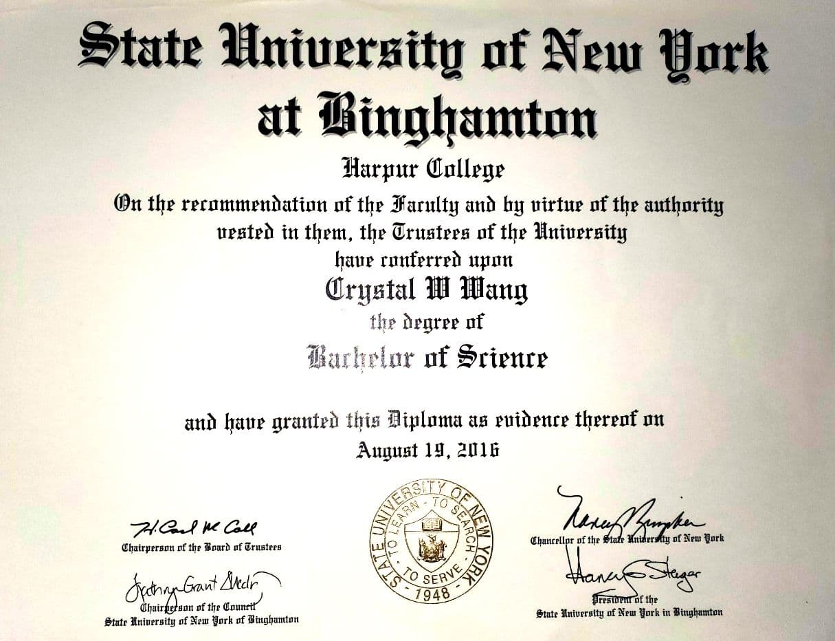 Crystal graduated from Binghamton University
