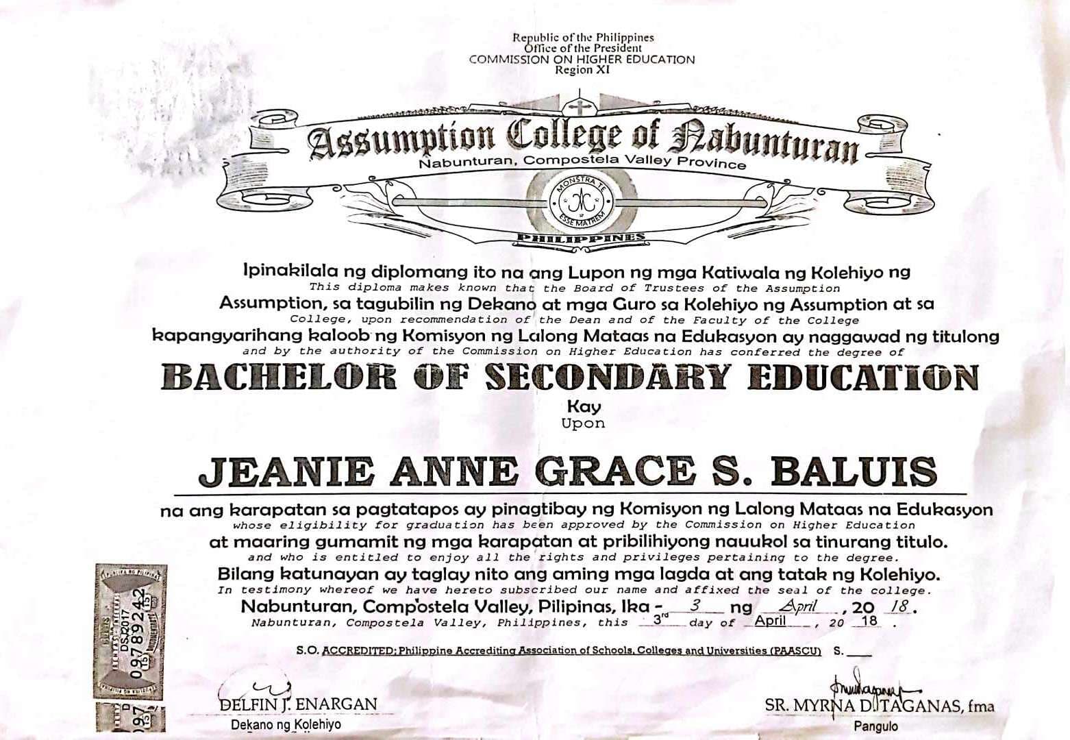 Jeanie Anne Grace graduated from Assumption College of Nabunturan