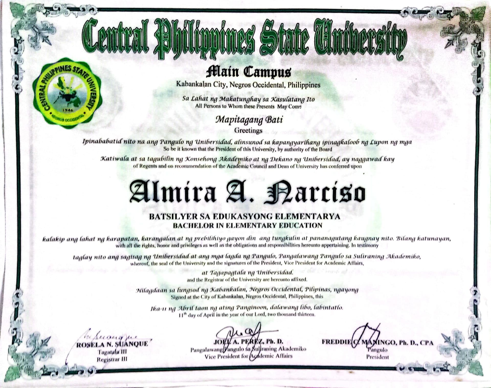 Almira graduated from Central Philippines State University