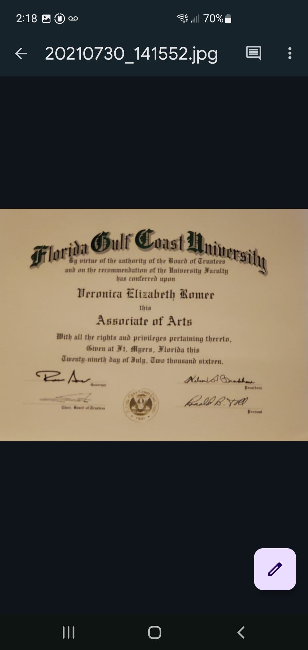 Veronica graduated from Florida Gulf coast's Bower School of Music