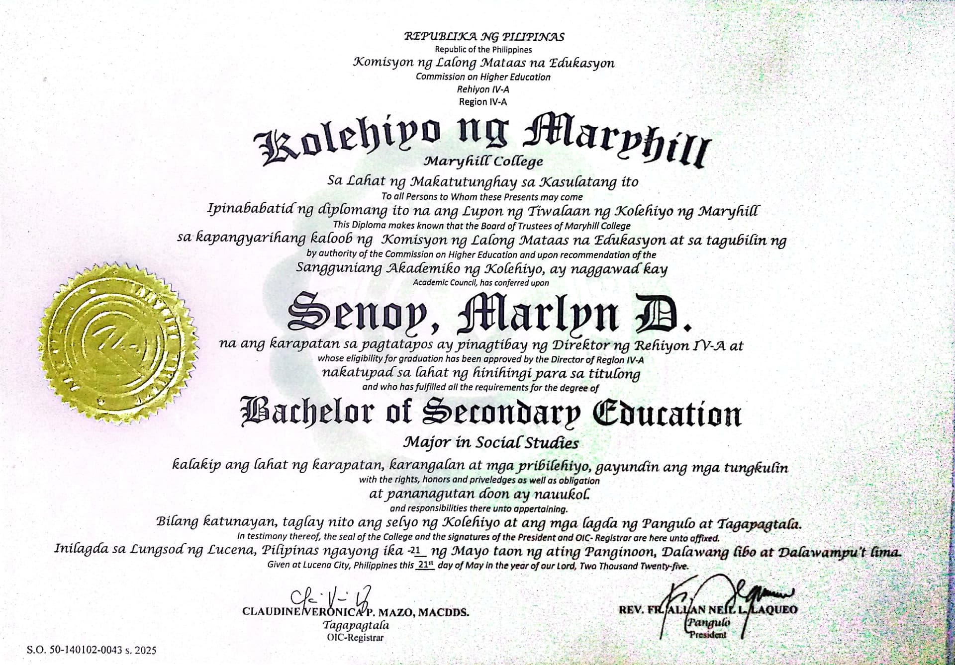 Marlyn graduated from INSTITUTE