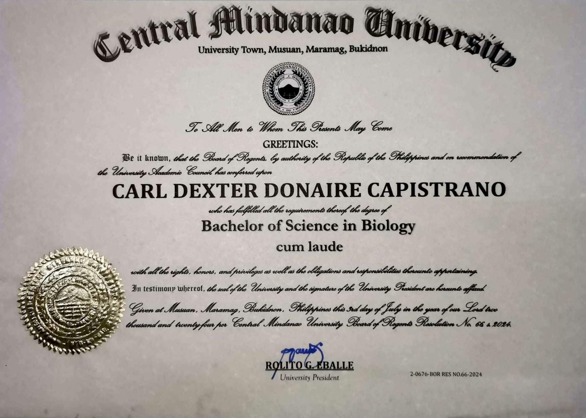Carl Dexter graduated from Central Mindanao University