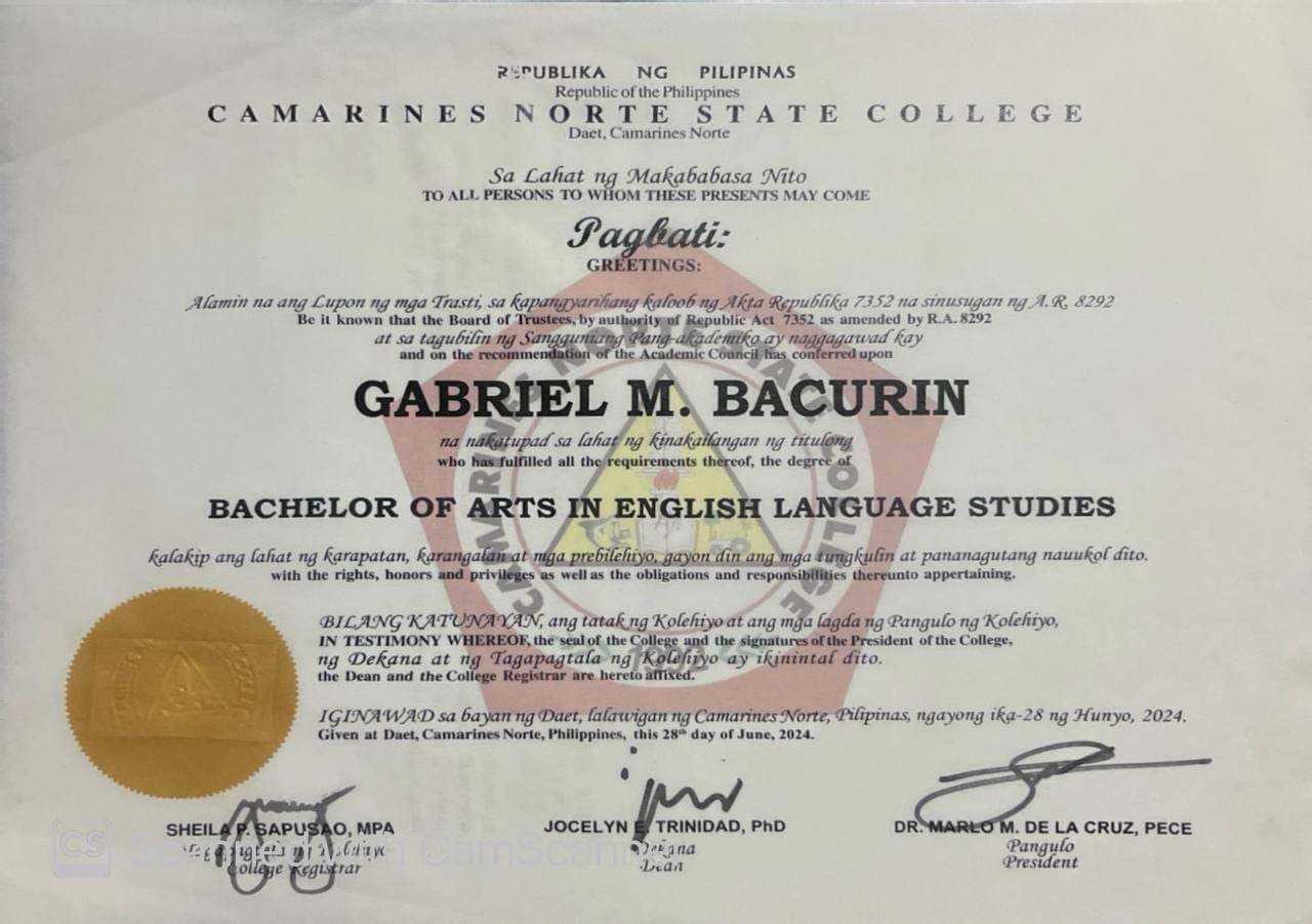 Gabriel graduated from Camarines Norte State College