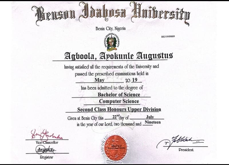 Ayokunle graduated from Benson Idahosa University