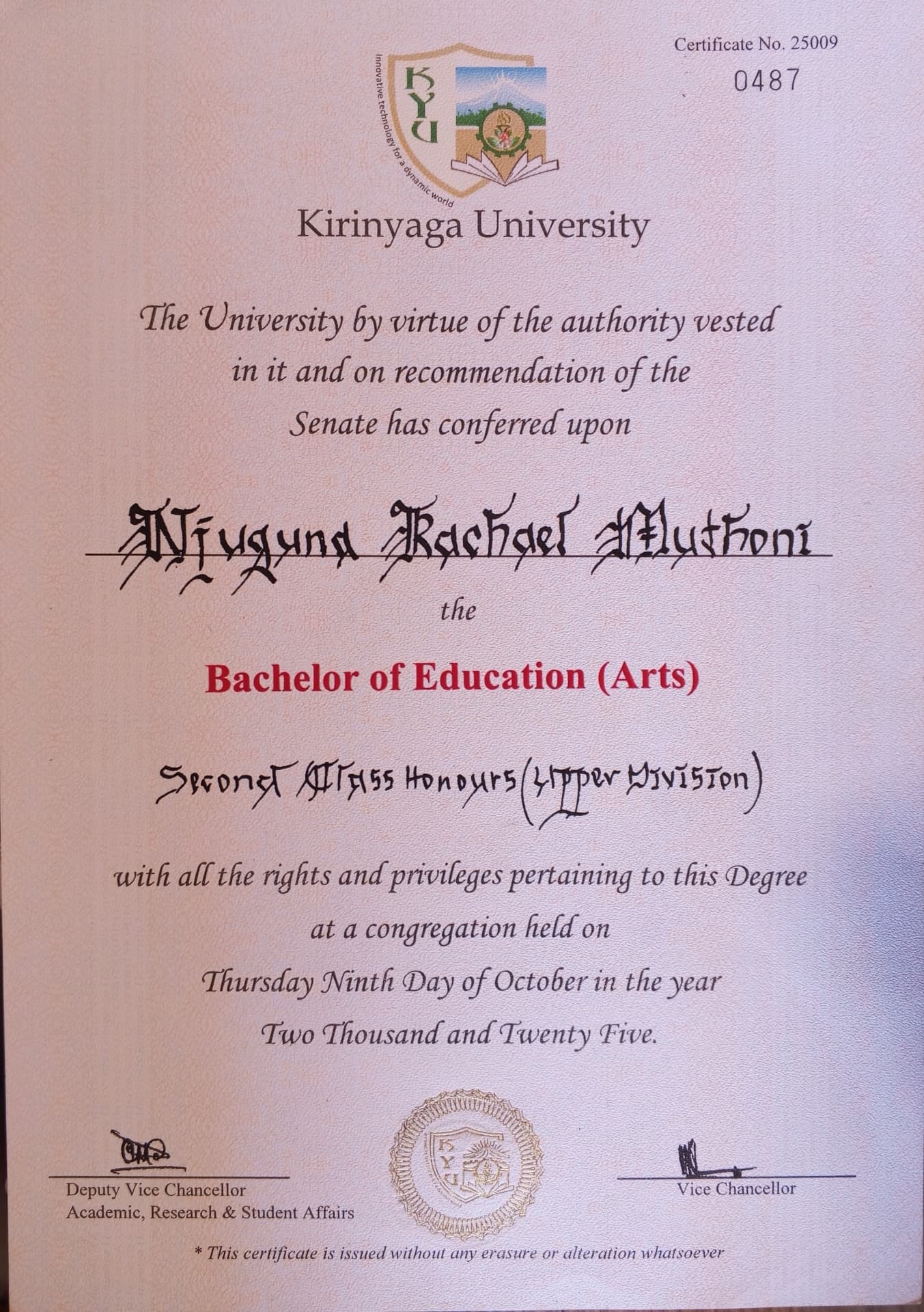 RACHAEL graduated from KIRINYAGA UNIVERSITY