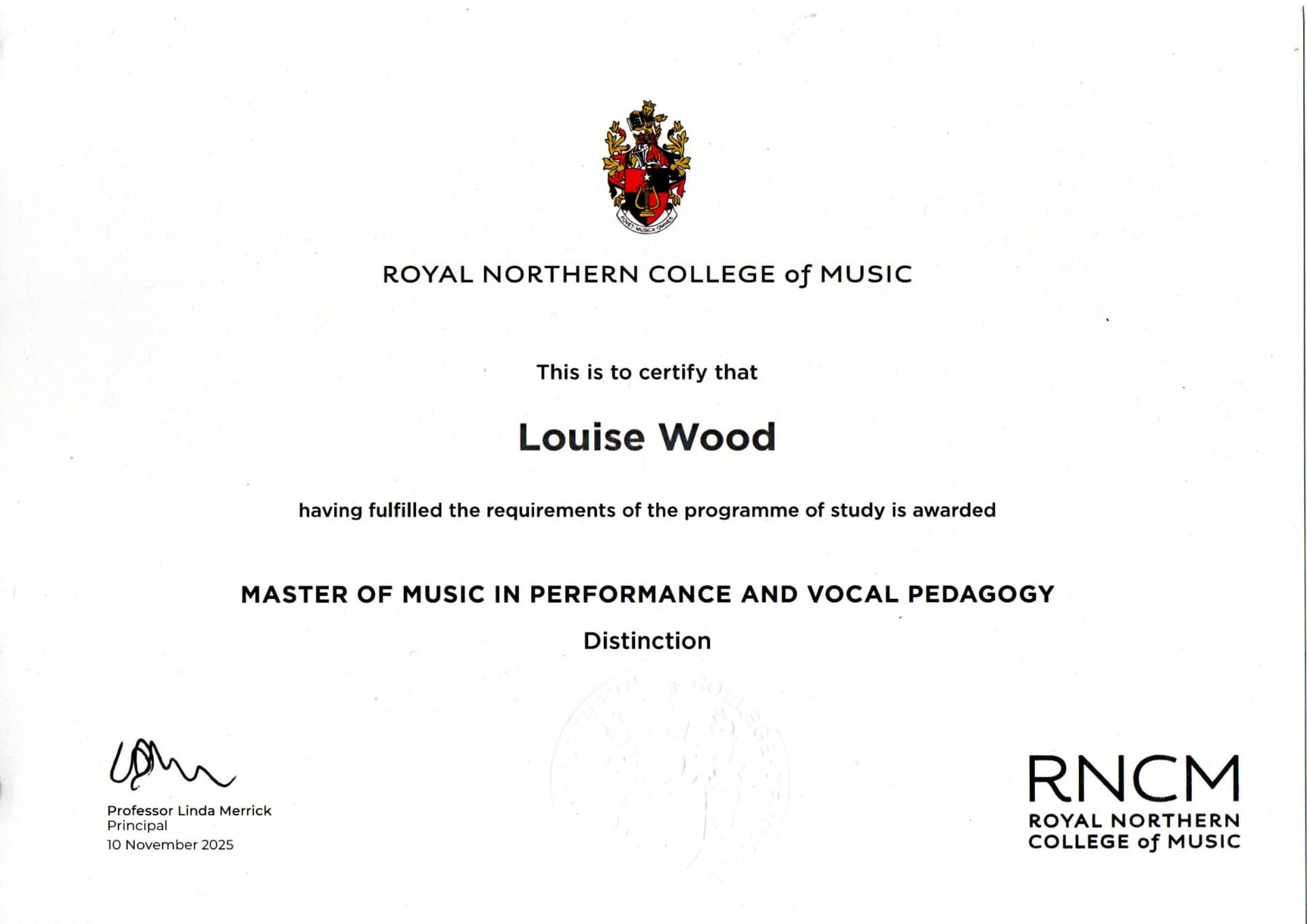 Louise graduated from Royal Academy of Music, London