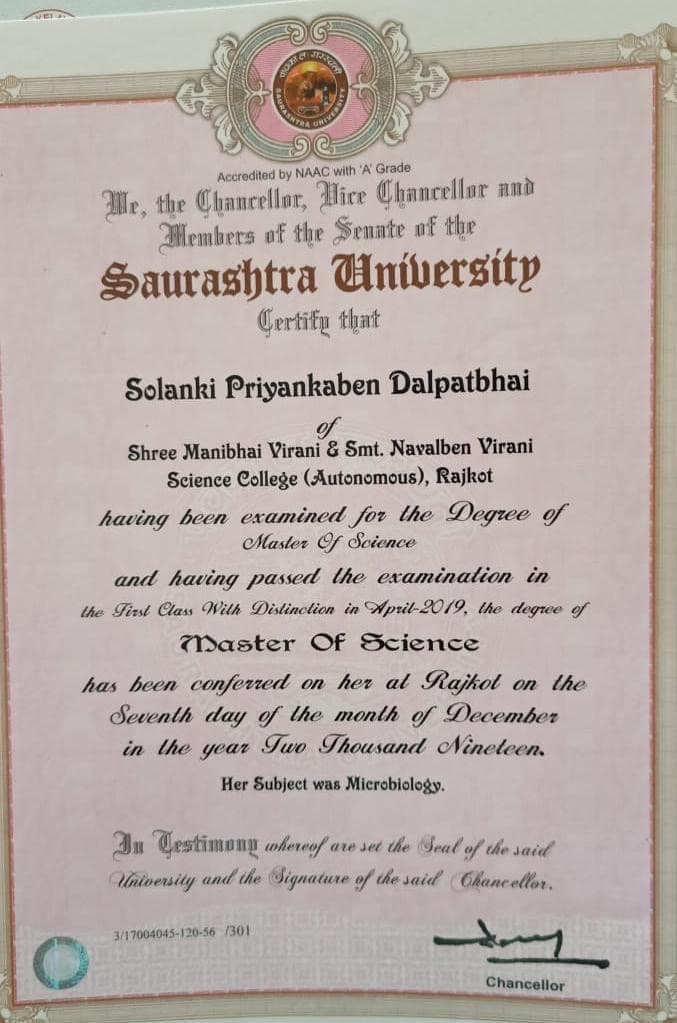 Priyanka graduated from Saurastra university