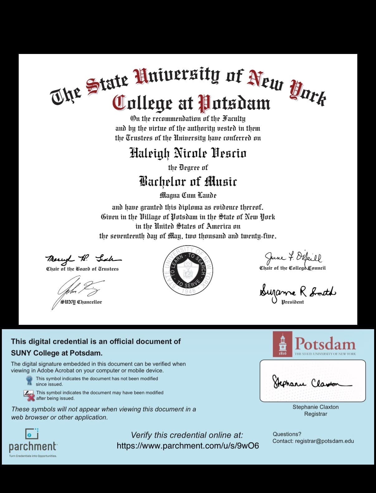 Haleigh graduated from SUNY Potsdam - Crane School of Music