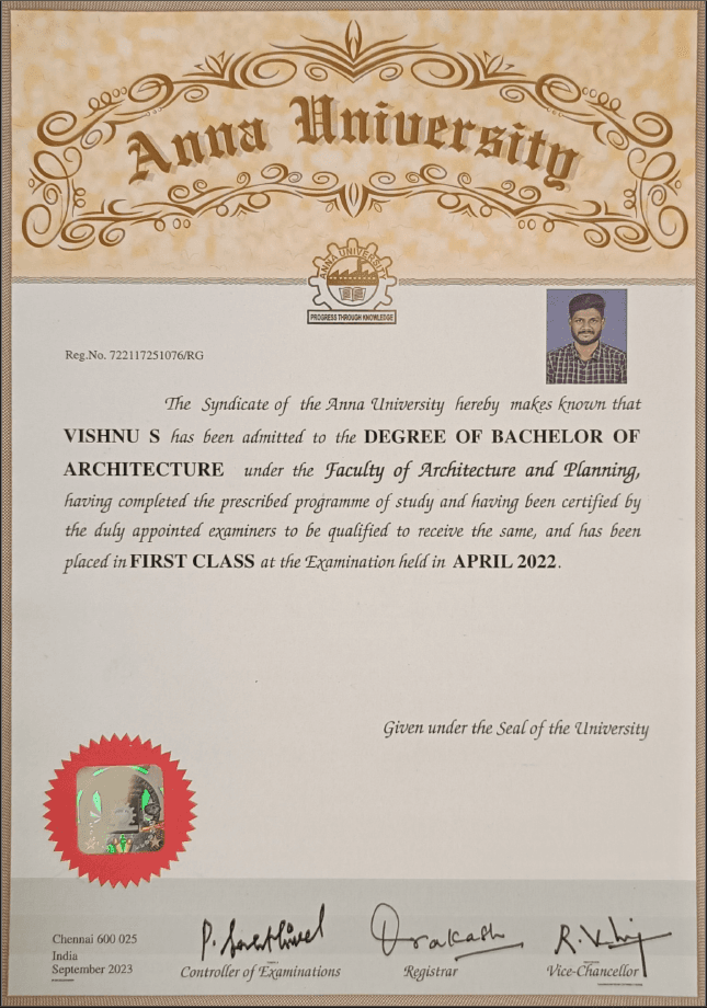 Vishnu graduated from S.V.S school of Architecture (Anna university)
