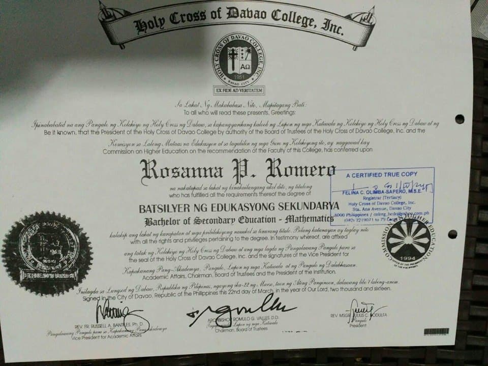 Rosanna graduated from Holy Cross of Davao College, Inc.