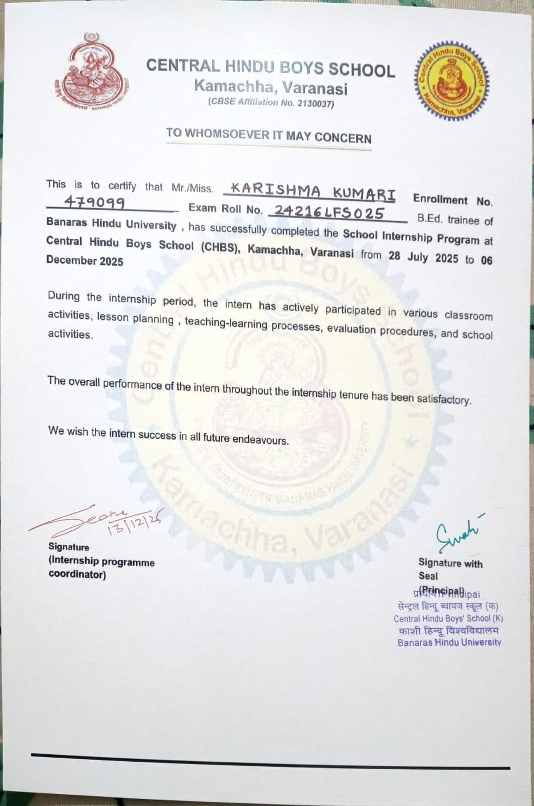 KARISHMA graduated from Mahatma Gandhi Kashi Vidyapeeth Varanasi