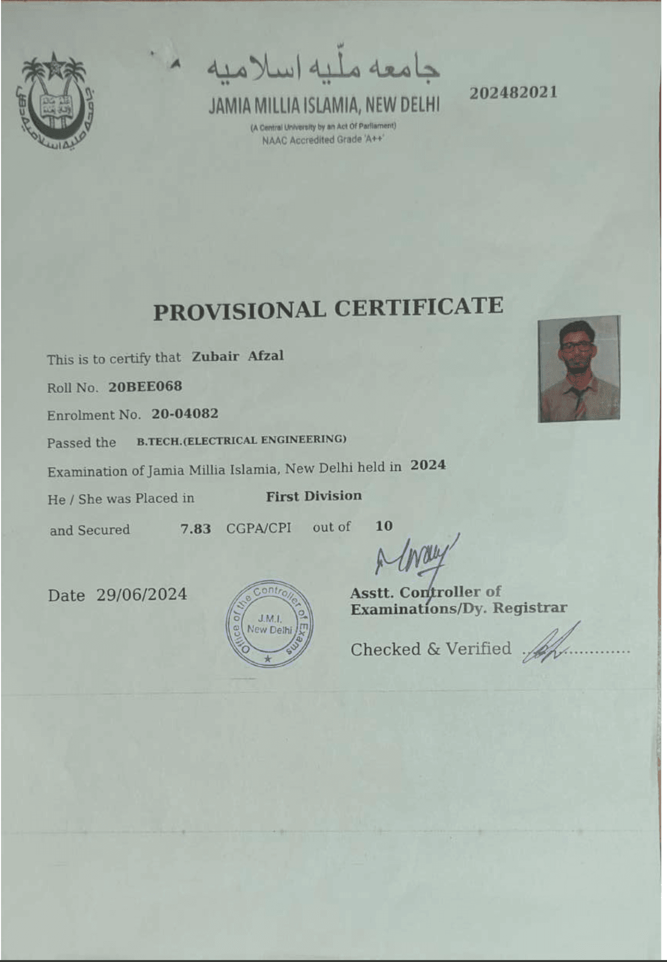 Zubair graduated from Jamia Millia Islamia