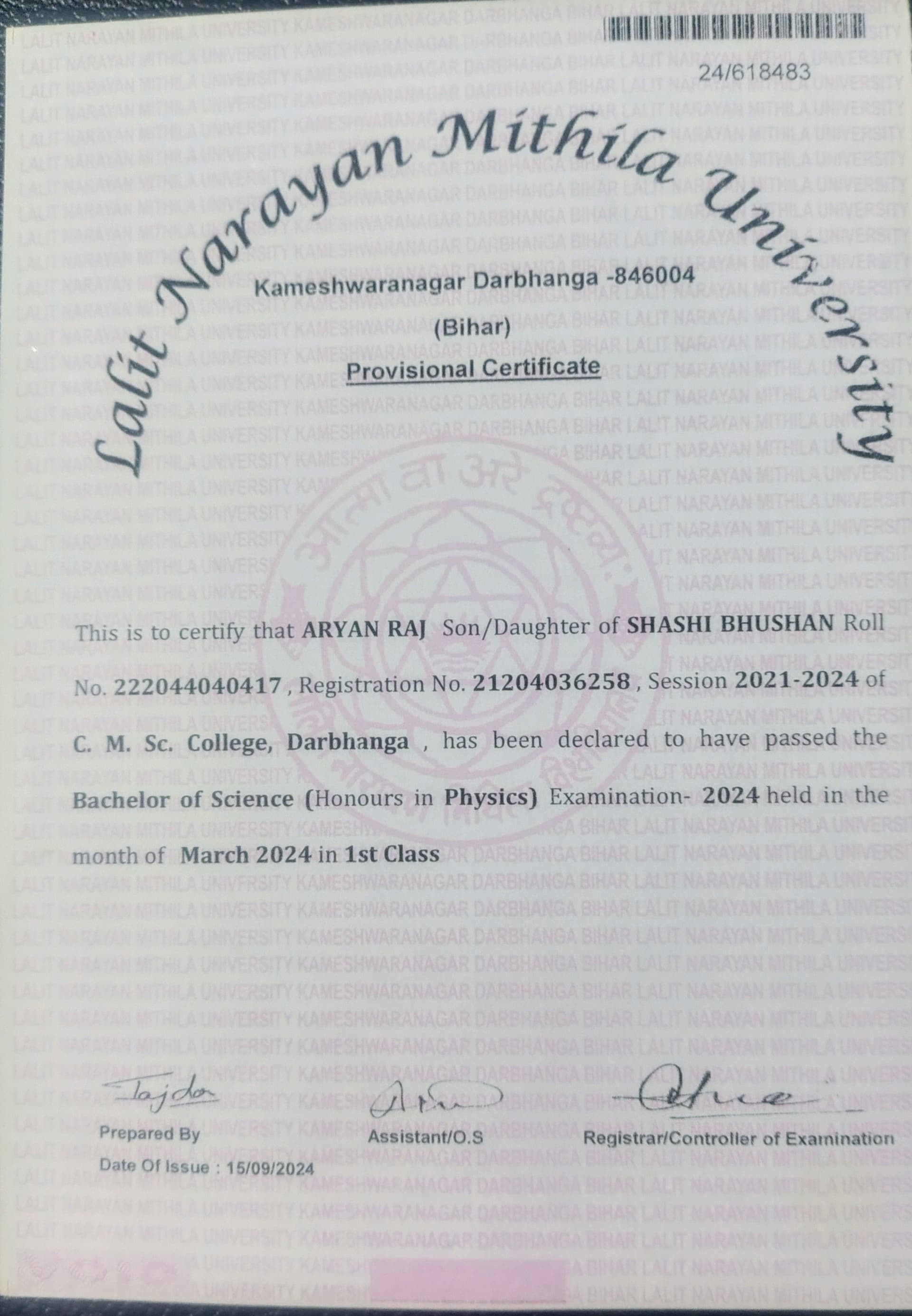 Aryan graduated from Lalit Narayan Mithila University Darbhanga Bihar