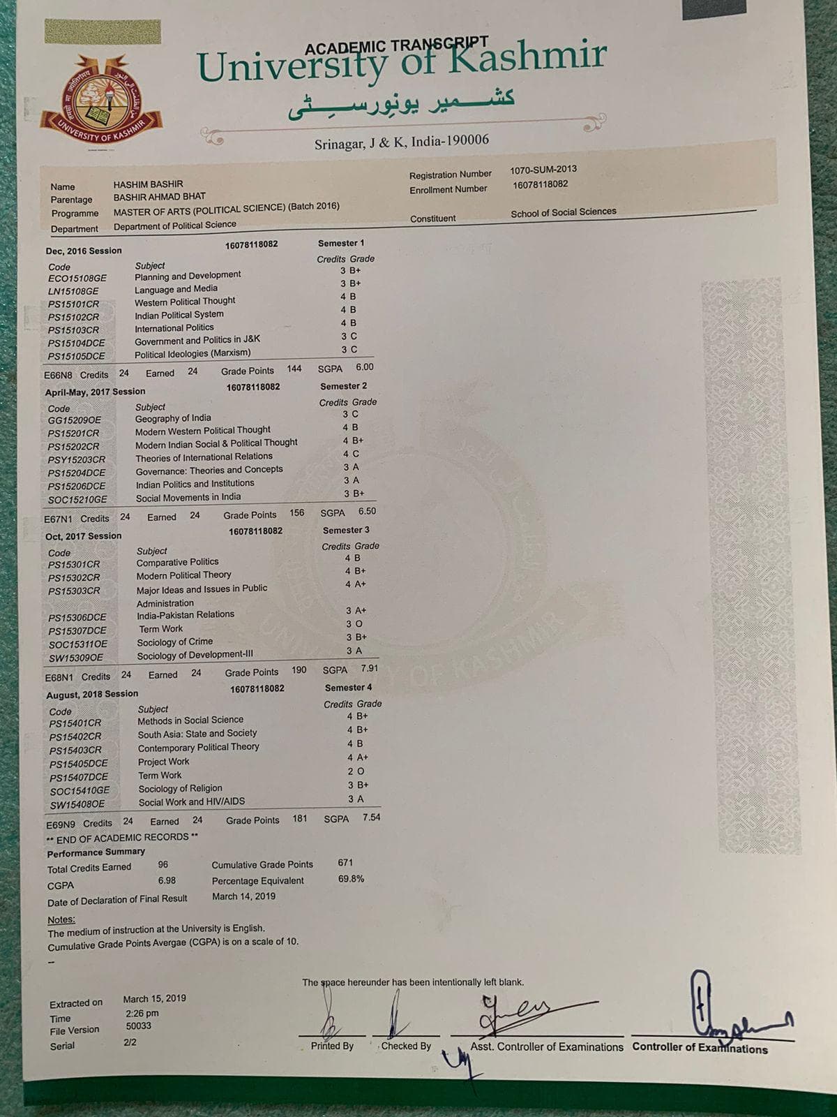 Butt graduated from University of kashmir