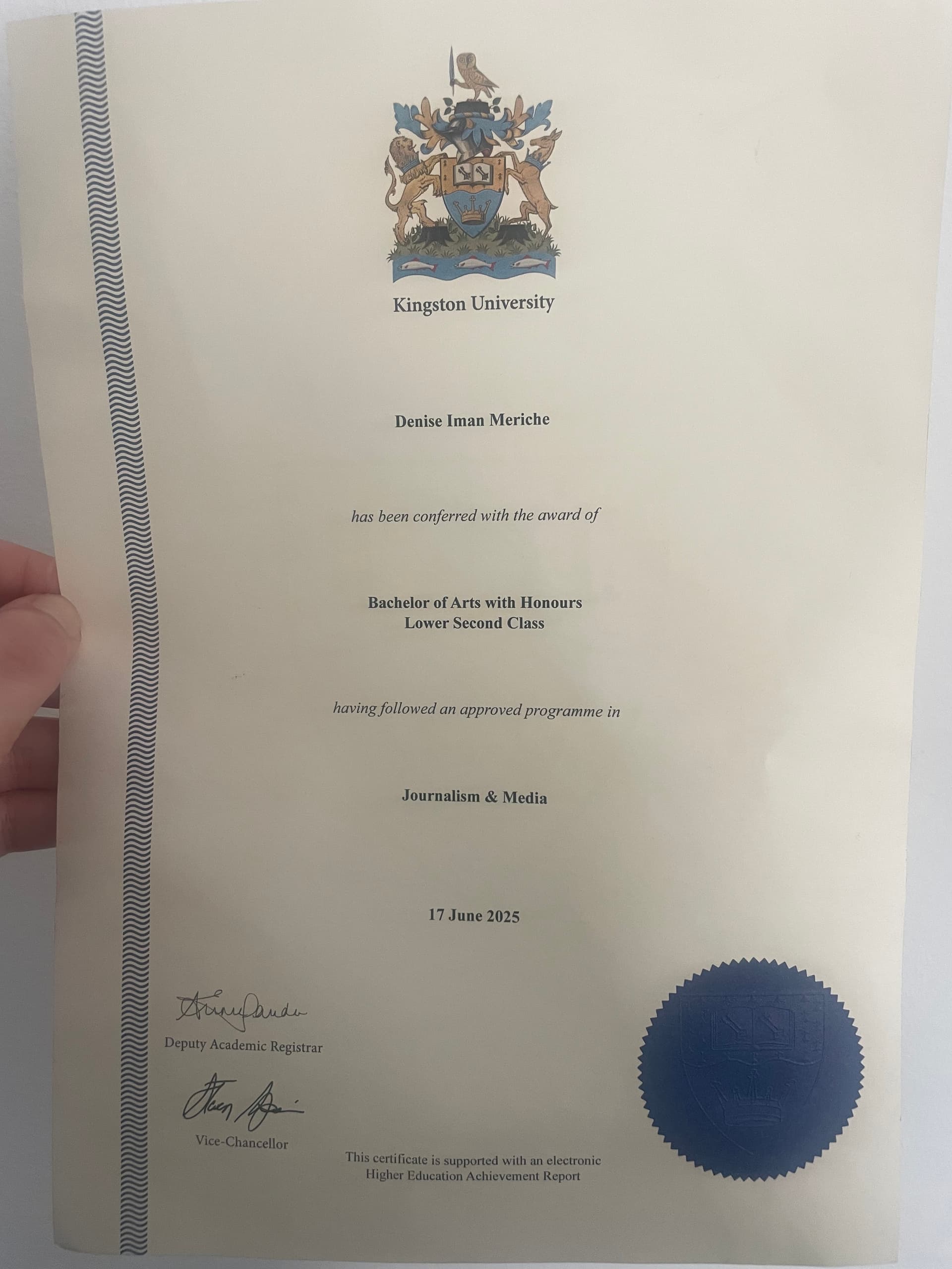 Denise graduated from Kingston university