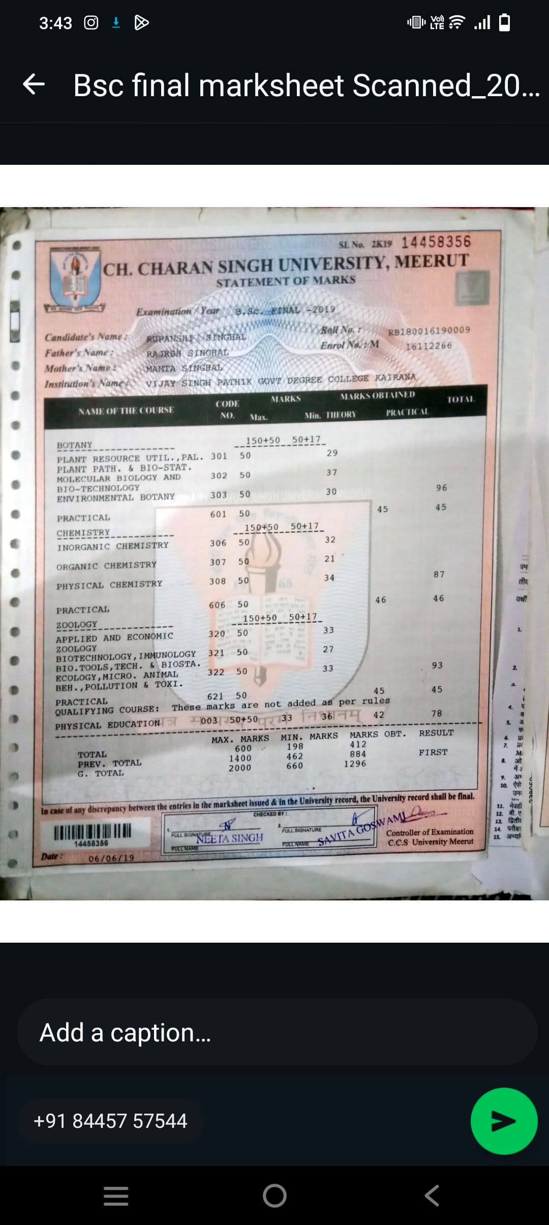 Rupanshi graduated from CCSU, Meerut