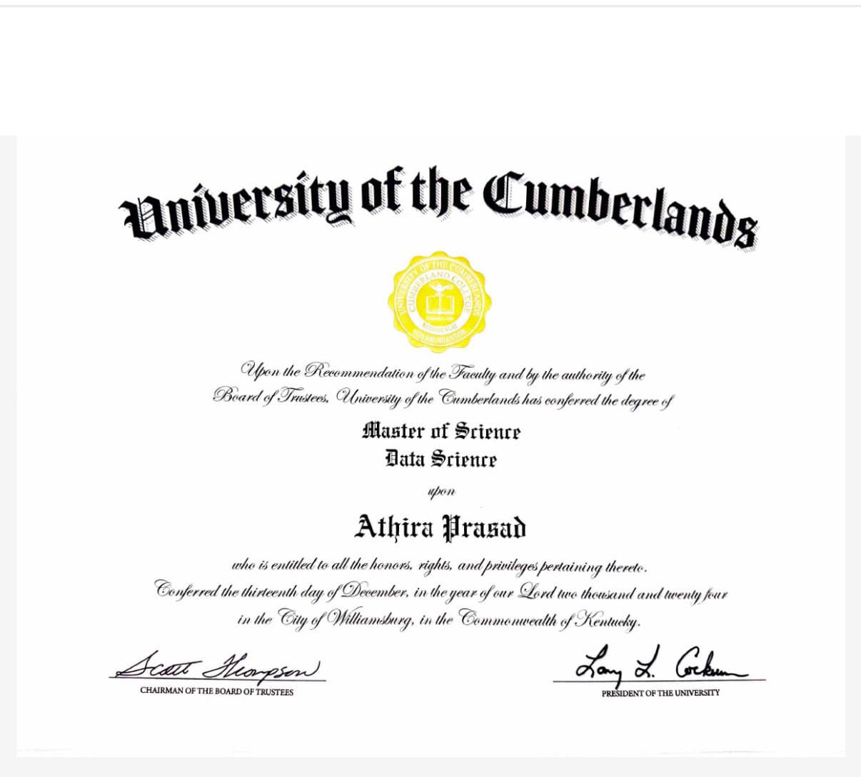 Athira graduated from University of Cumberlands