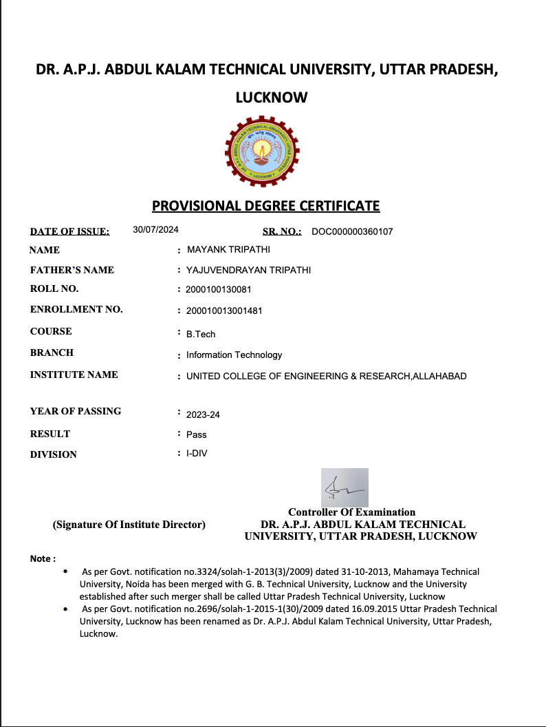 Mayank graduated from United College of Engineering and Research