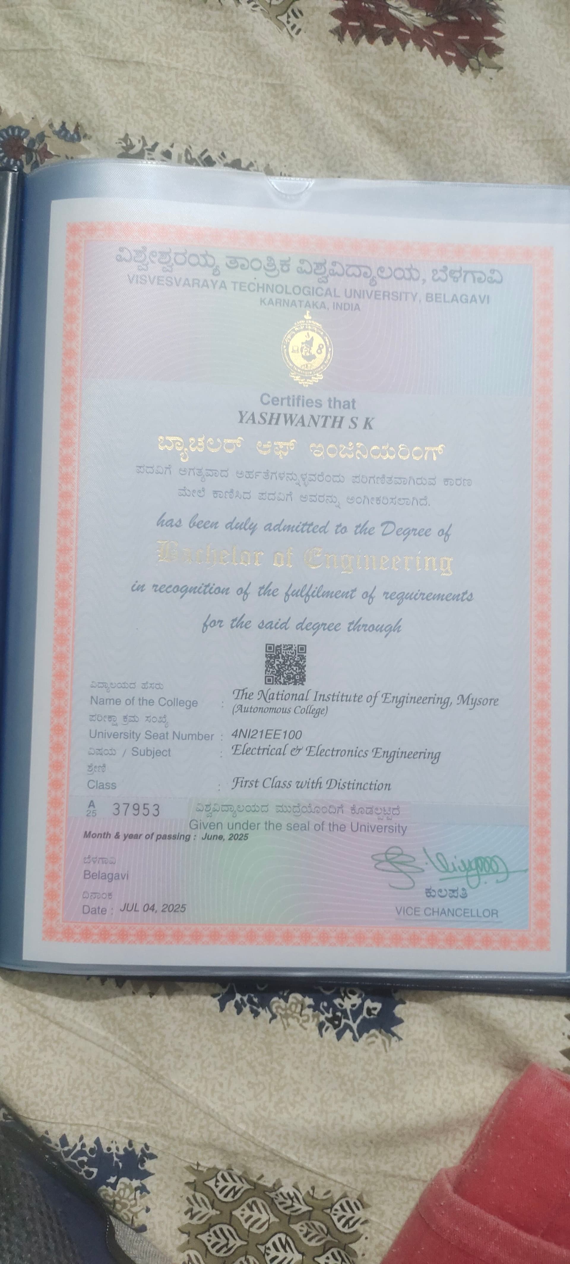 Yashwanth graduated from The National institute of engineering