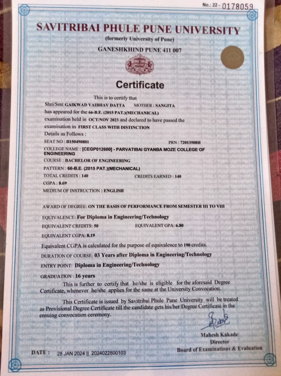 Vaibhav graduated from pune university