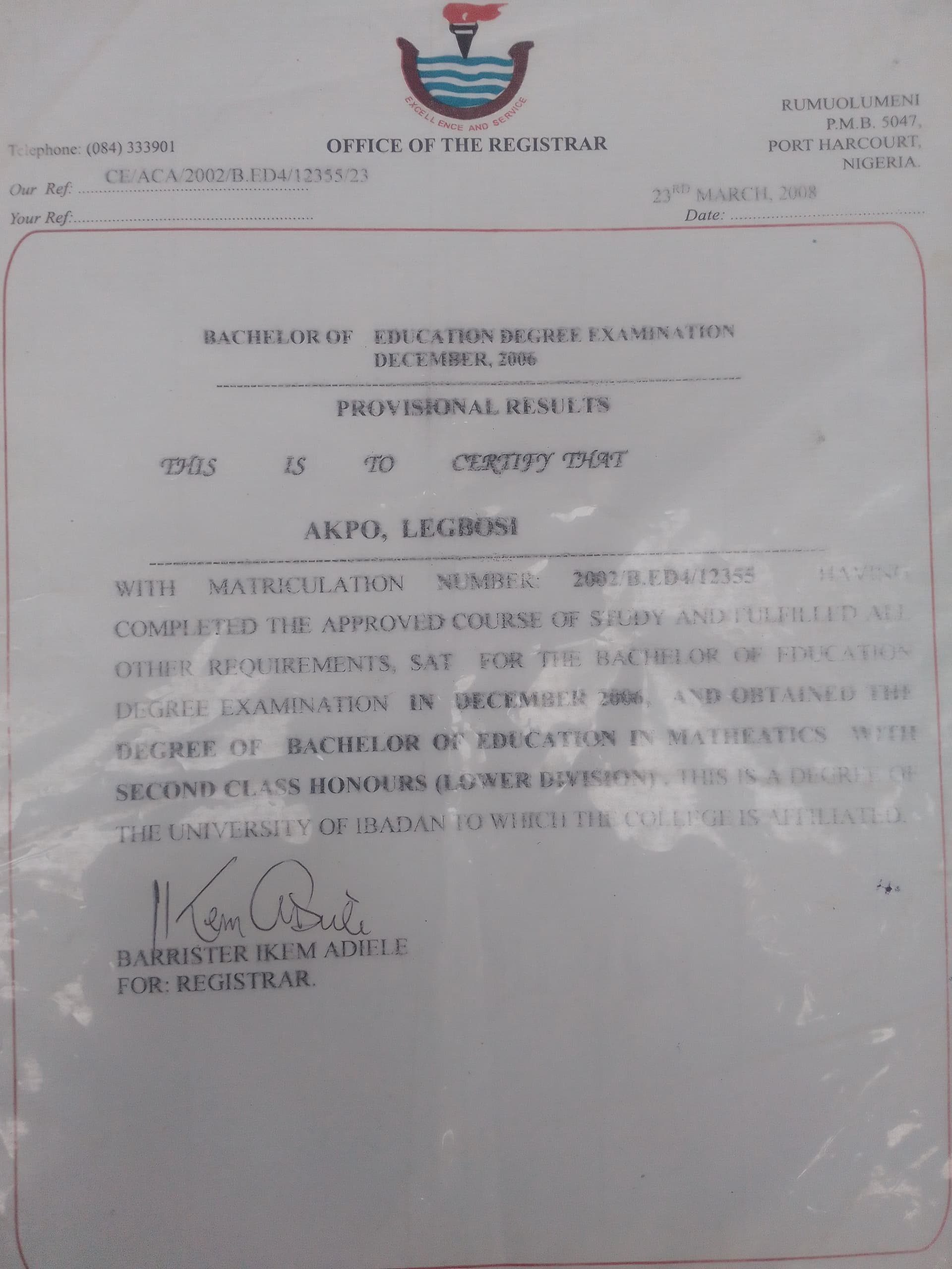 Legbosi graduated from University of education