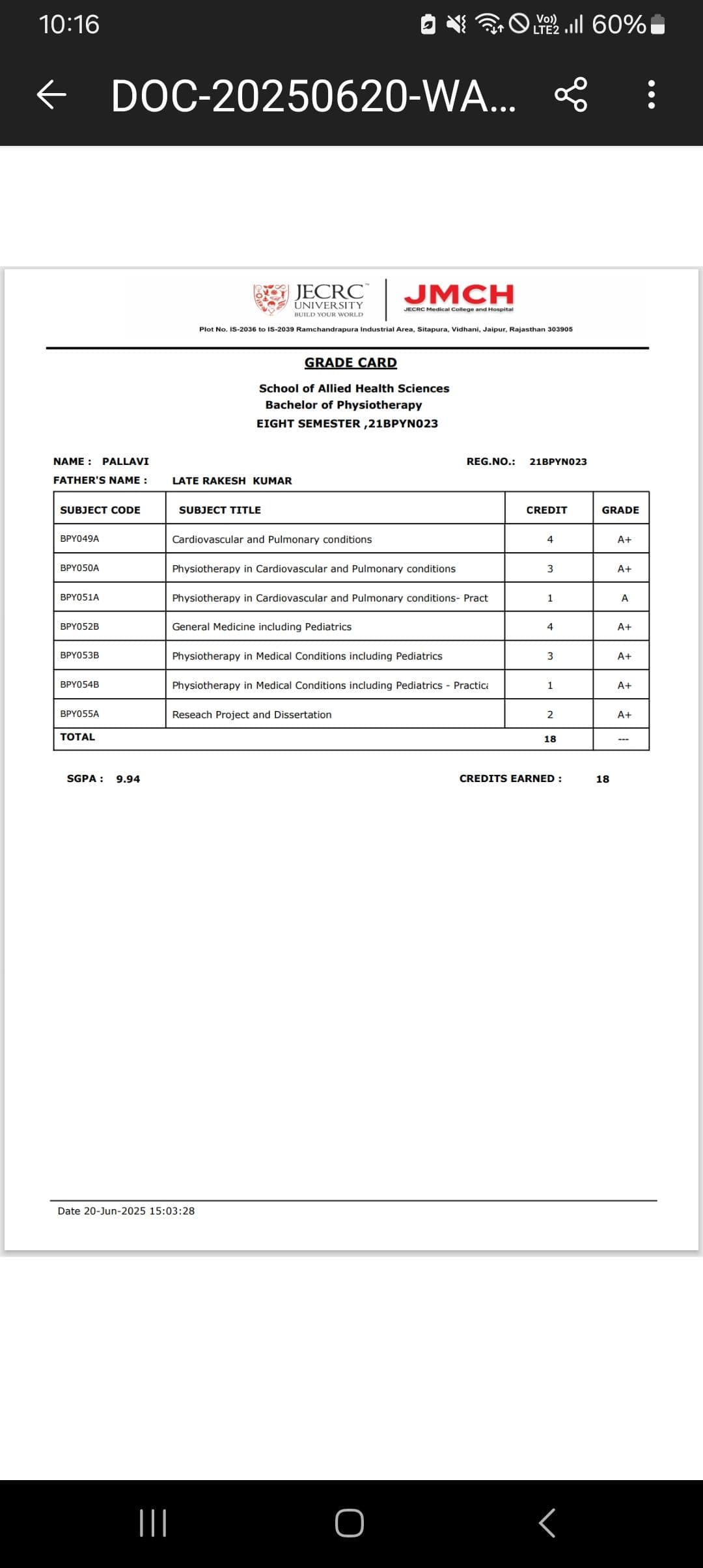 Pallavi graduated from Jecrc University
