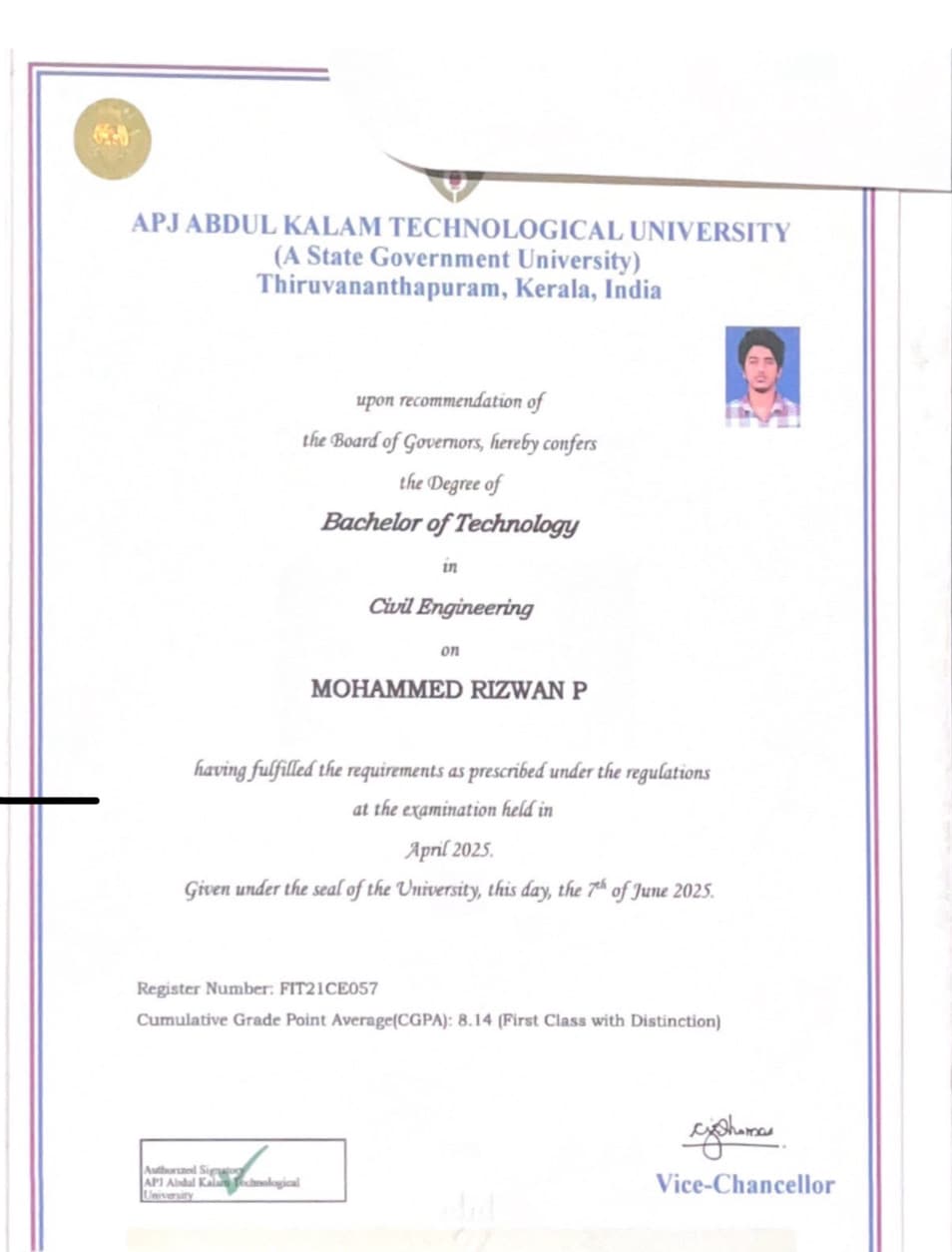 Mohammed graduated from APJKTU