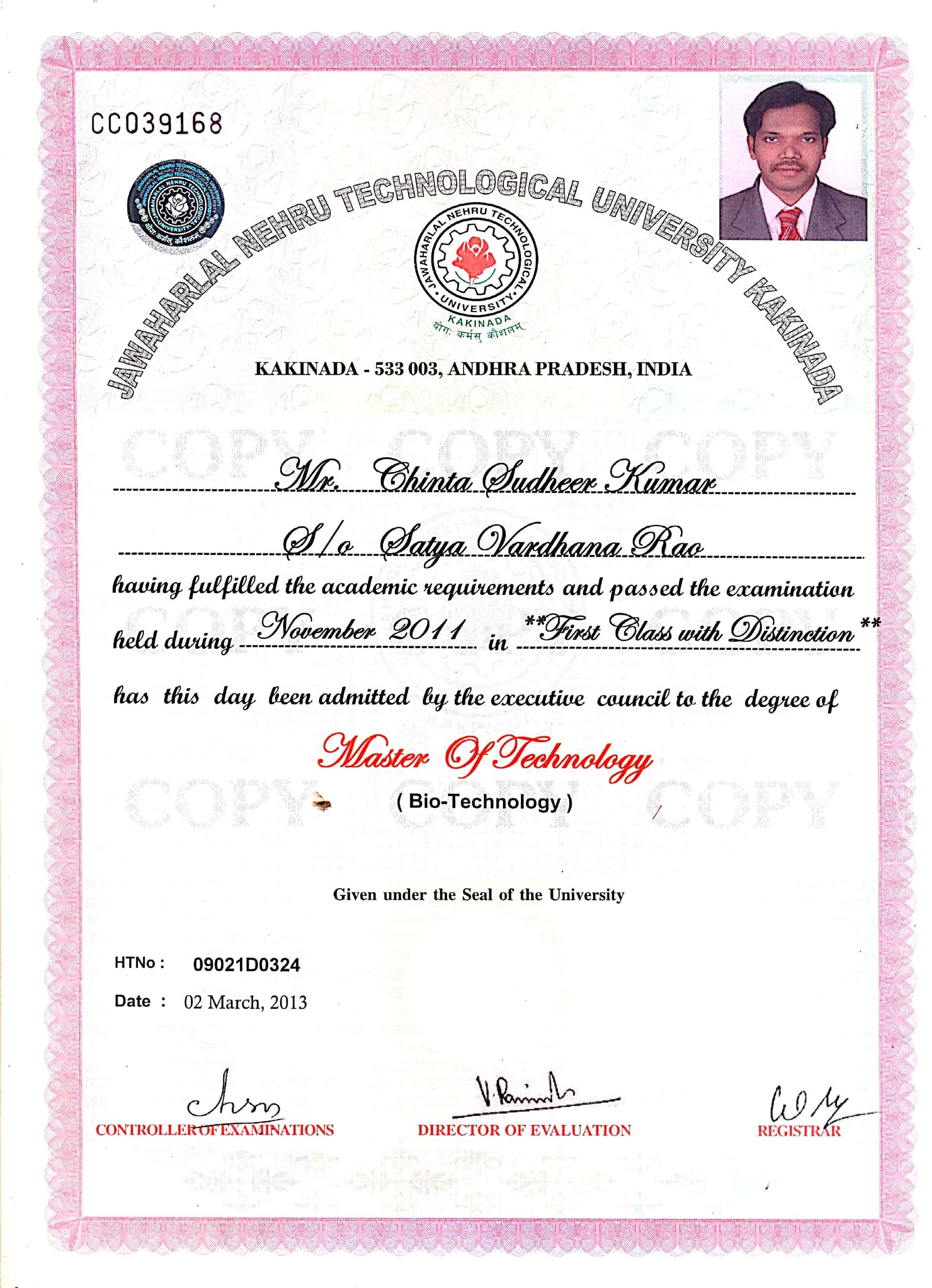 Chinta Sudheer graduated from Bharathidasan University