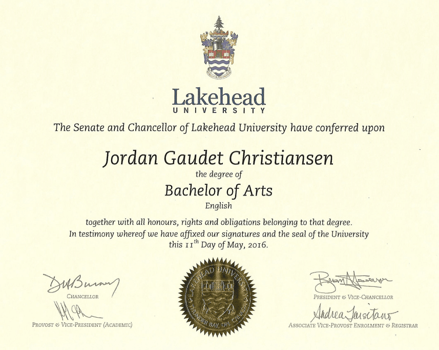 Jordan graduated from Lakehead University