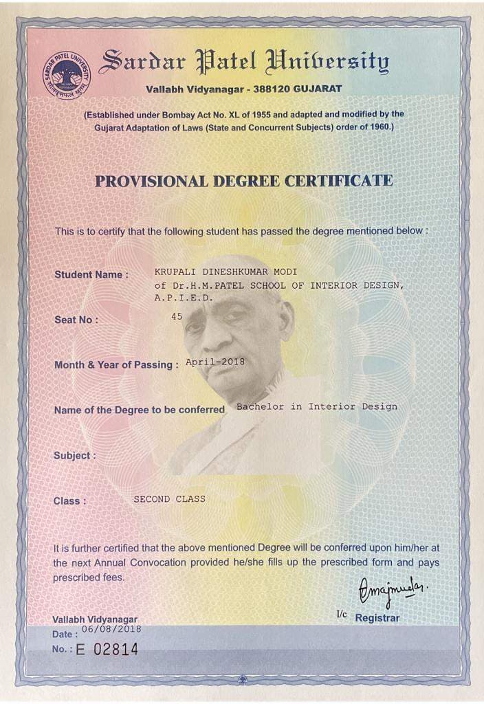 Krupali graduated from Dr.H.M.Patel School of Interior Design, A.P.I.E.D., S.P.University