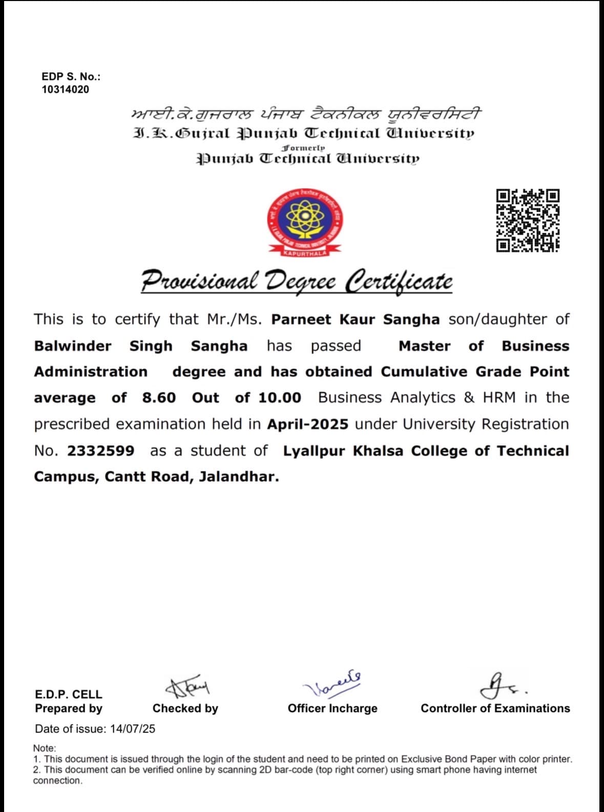 Parneet graduated from PTU