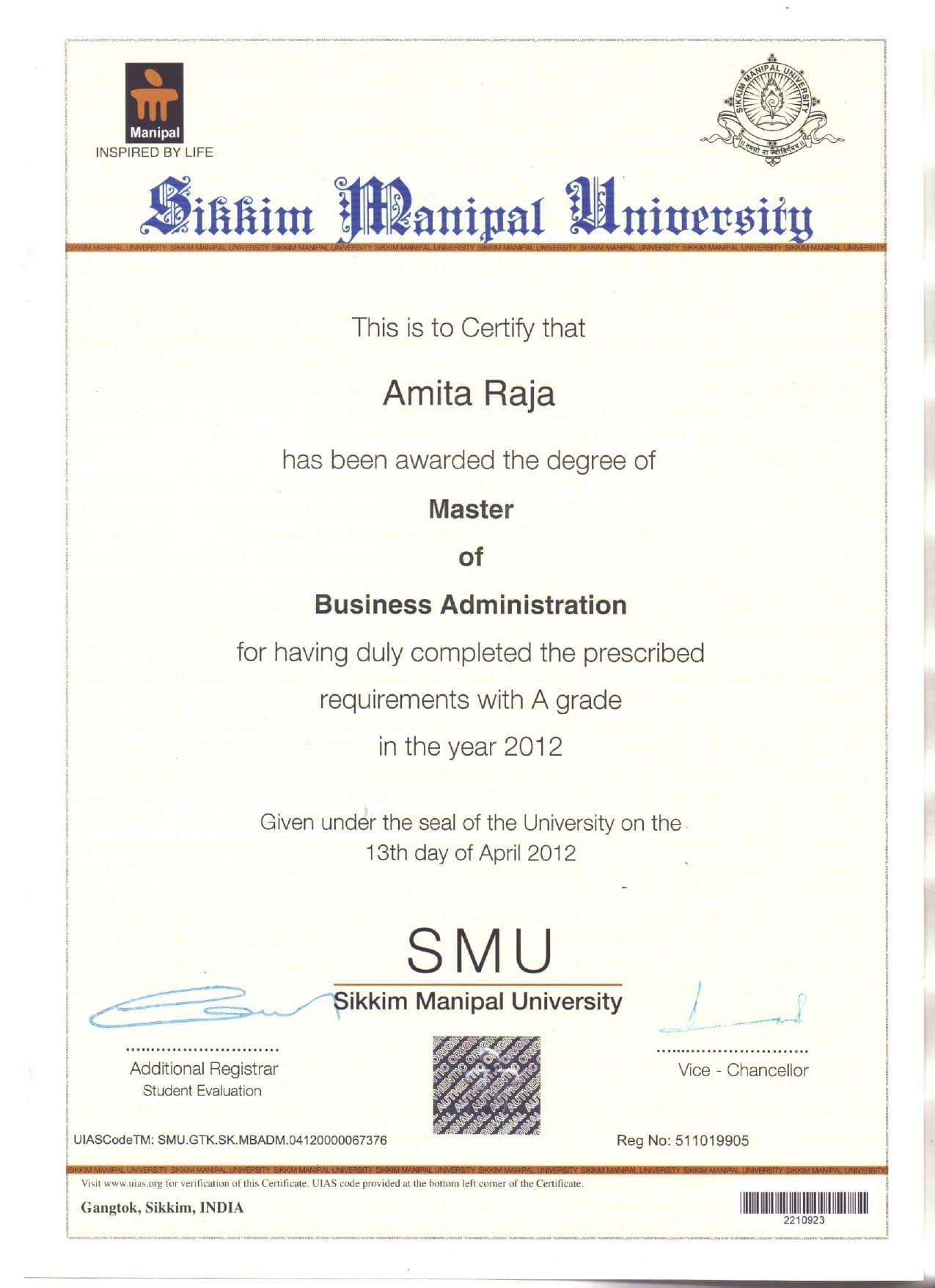 amita graduated from sikkim manipal university