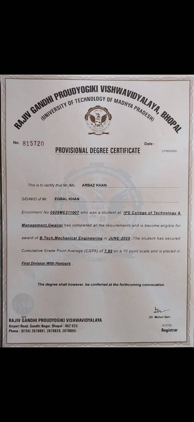 Arbaz graduated from RGPV University, Bhopal, India